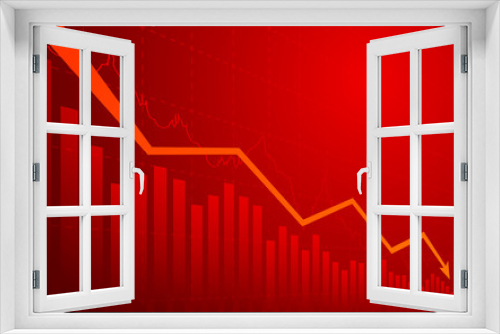 Business chart with arrow downtrend line graph, bar chart and stock numbers in bear market on red background (vector)