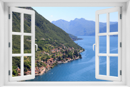 Fototapeta Naklejka Na Ścianę Okno 3D - Panorama of lakeside village Fiumelatte at Lake Como with mountains in Lombardy, Italy