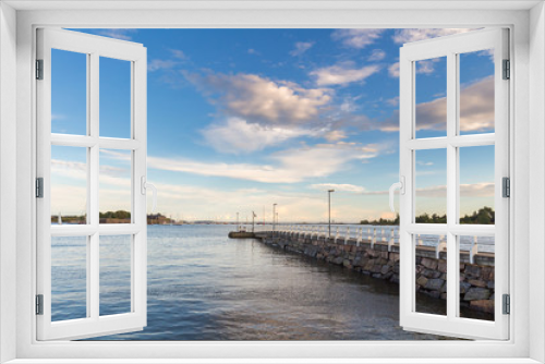Fototapeta Naklejka Na Ścianę Okno 3D - Sea pier landscape, old wooden pier and blue sky