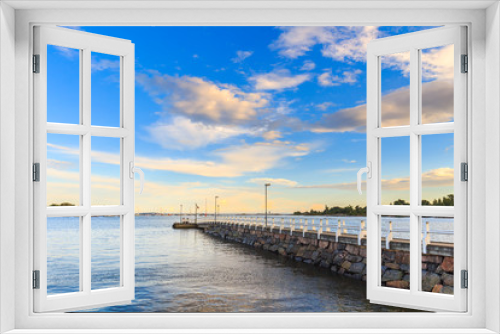 Fototapeta Naklejka Na Ścianę Okno 3D - Sea pier landscape, old wooden pier and blue sky