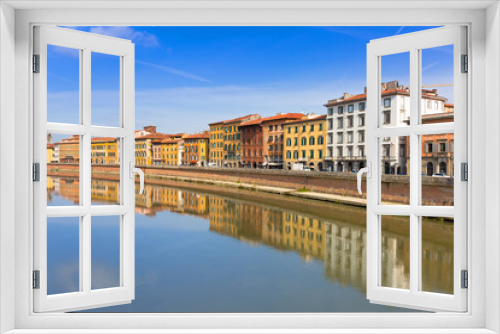 Fototapeta Naklejka Na Ścianę Okno 3D - Old town of Pisa with reflection in Arno river, Italy