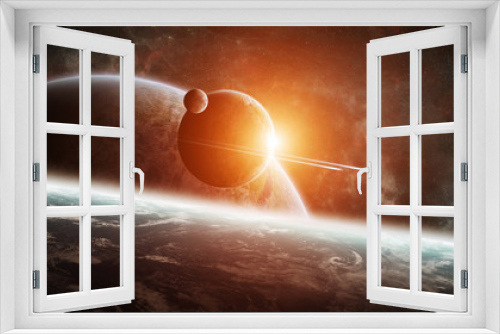 Fototapeta Naklejka Na Ścianę Okno 3D - Sunrise over distant planet system in space 3D rendering element