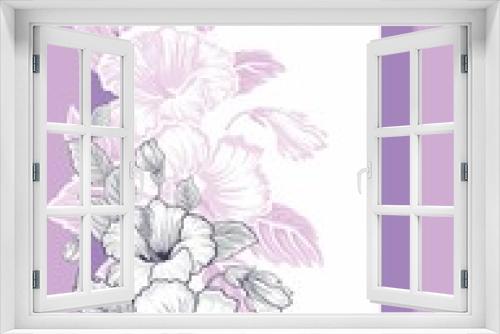 Fototapeta Naklejka Na Ścianę Okno 3D - Greeting card with hibiscus flower. Elegance wedding invitation. Romantic postcard.
Vector floral border. Hawaii symbol. Photo frame. 