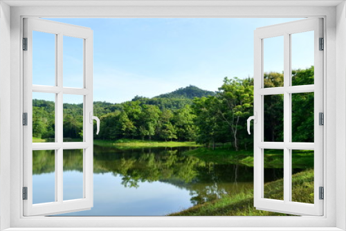 Fototapeta Naklejka Na Ścianę Okno 3D - Scenic view of lake and forest in morning day,chet khot-pong kon sao nature study center,saraburi city,thailand. 

