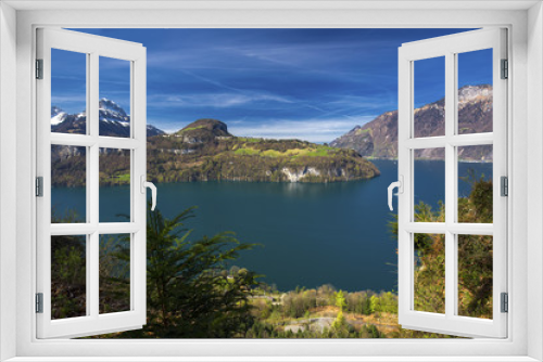 Fototapeta Naklejka Na Ścianę Okno 3D - eautifula panorama of Lake Lucerne, Seelisberg, town Brunnen and village Bauen from Morschach, Switzerland