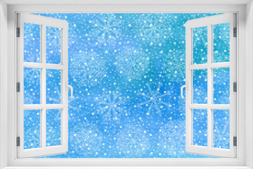 Fototapeta Naklejka Na Ścianę Okno 3D - Christmas and Happy New Year background. Hand drawn turquoise blue watercolor abstract texture with snowflakes. Falling snow raster holiday backdrop for card.