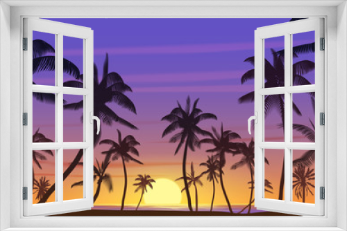 Fototapeta Naklejka Na Ścianę Okno 3D - Palm coconut trees Silhouette at sunset or sunrise. Realistic vector illustration. Earth paradise on the beach.