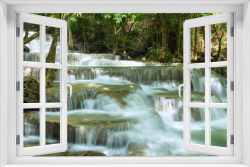 Fototapeta Naklejka Na Ścianę Okno 3D - Green nature with green waterfall , Erawan waterfall , Loacated Karnjanaburi Province , Thailand