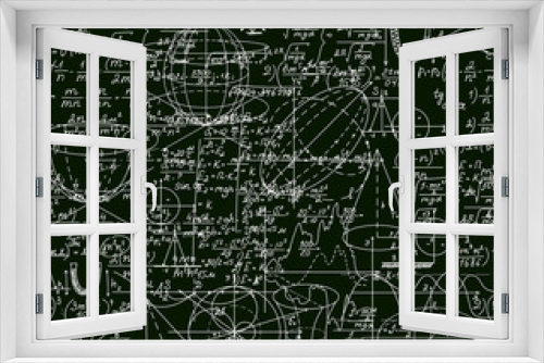 Math vector technical seamless pattern with handwritten formulas, calculations, plots, signs, equations, shuffled together on a green blackboard background