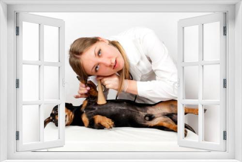 Fototapeta Naklejka Na Ścianę Okno 3D - Veterinary doctor listens to a stethoscope dachshund dog