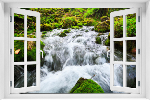 Fototapeta Naklejka Na Ścianę Okno 3D - Autumn landscape with mountain river flowing among mossy stones through the colorful forest. Silky smooth stream of clear water. Beautiful cascade small waterfalls. Stream in the wood.