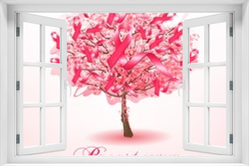 Fototapeta Naklejka Na Ścianę Okno 3D - Breast cancer awareness ribbons on a sakura tree. Vector.