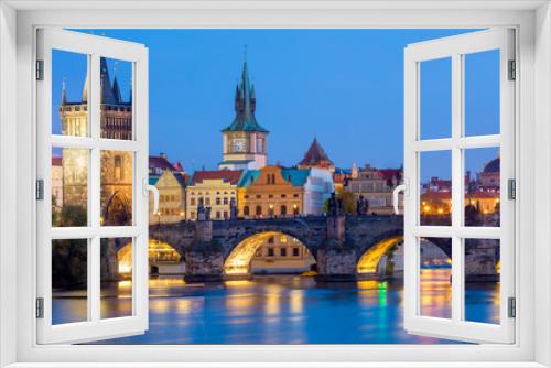 Fototapeta Naklejka Na Ścianę Okno 3D - Famous Prague Landmarks - towers and bridge at night