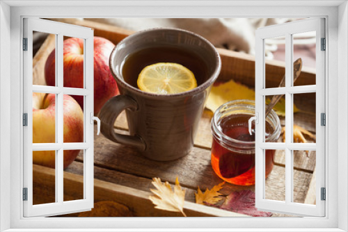 Fototapeta Naklejka Na Ścianę Okno 3D - hot lemon honey tea warming drink scarf cozy autumn leaves