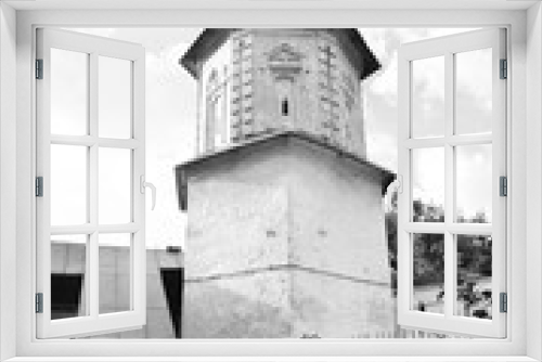 Fototapeta Naklejka Na Ścianę Okno 3D - tower in the park of an ancient monastery black and white