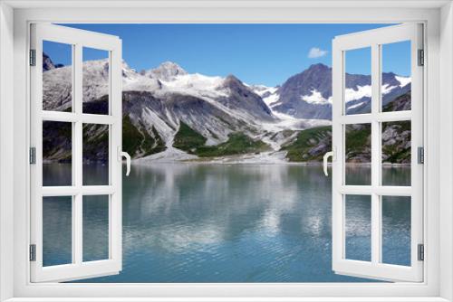 Fototapeta Naklejka Na Ścianę Okno 3D - Glaciers and mountains reflecting in calm ocean water in Glacier Bay, Alaska