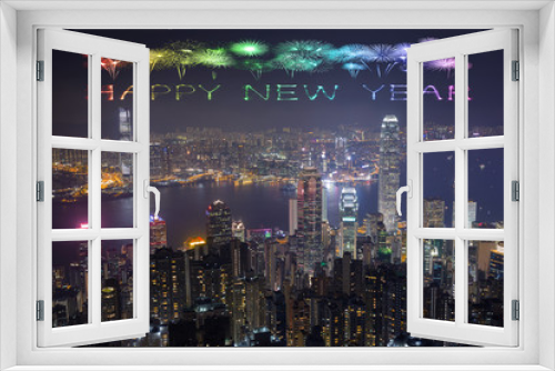 Fototapeta Naklejka Na Ścianę Okno 3D - Happy New Year Fireworks celebrating over Hong Kong city