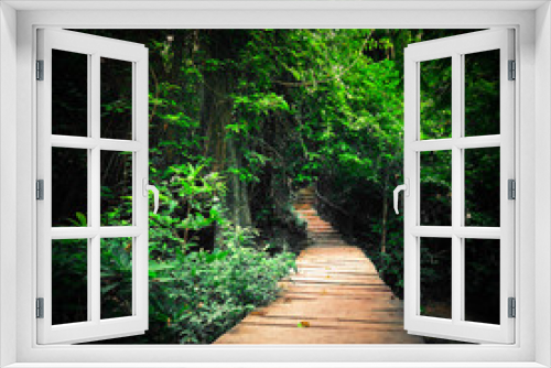 Fototapeta Naklejka Na Ścianę Okno 3D - Fantasy jungle deep forest in dark colors. Wooden road path way through tropical trees. Concept landscape for mysterious background