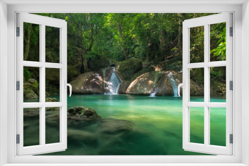 Fototapeta Naklejka Na Ścianę Okno 3D - Green and clean waterfall for relaxations, Erawan waterfall
