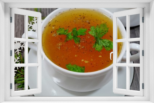 Fototapeta Naklejka Na Ścianę Okno 3D - Traditional broth served at Christmas dinner - energy and warming meal on a cold day
