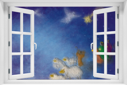 Fototapeta Naklejka Na Ścianę Okno 3D - Three kings or three wise men with Christmas star, shepherd with sheep and angels. Bethlehem Christmas nativity scenery, abstract artistic illustration.