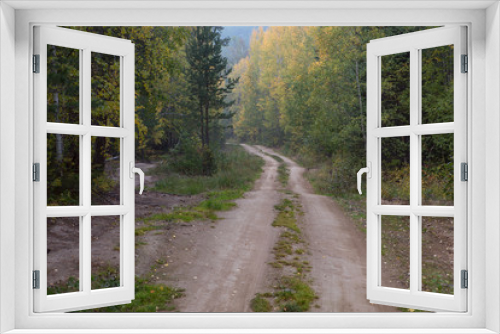 Fototapeta Naklejka Na Ścianę Okno 3D - Country road in the autumn forest. Baikal taiga. Buryatia. Russia.