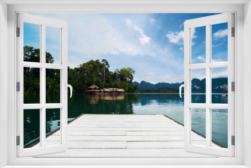 Fototapeta Naklejka Na Ścianę Okno 3D - Holiday vacation, white wooden board on lake