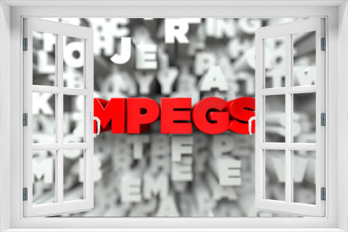 MPEGS -  Red text on typography background - 3D rendered royalty free stock image. This image can be used for an online website banner ad or a print postcard.