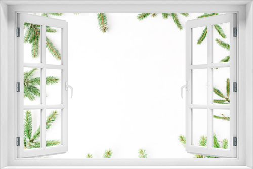 Fototapeta Naklejka Na Ścianę Okno 3D - Christmas composition with frame of fir branches. Flat lay, top view