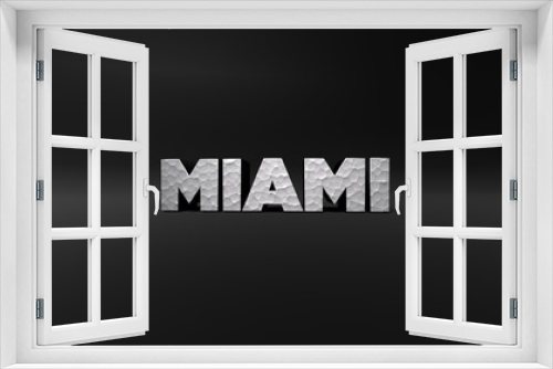 MIAMI - hammered metal finish text on black studio - 3D rendered royalty free stock photo. This image can be used for an online website banner ad or a print postcard.