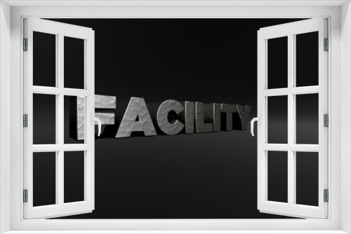 FACILITY - hammered metal finish text on black studio - 3D rendered royalty free stock photo. This image can be used for an online website banner ad or a print postcard.