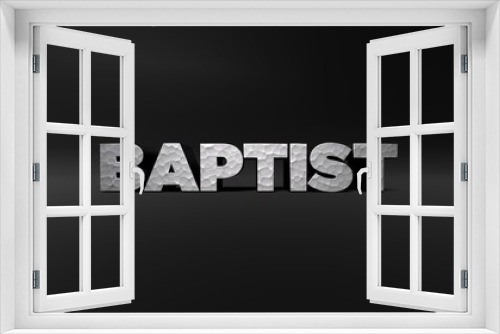 BAPTIST - hammered metal finish text on black studio - 3D rendered royalty free stock photo. This image can be used for an online website banner ad or a print postcard.