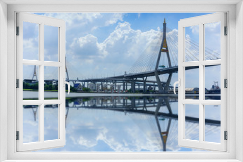 Fototapeta Naklejka Na Ścianę Okno 3D - Bhumibol  bridge 1 and 2 so called Industrial Ring Bridge crossing The Chao Phraya River with reflection , Bangkok, Thailand