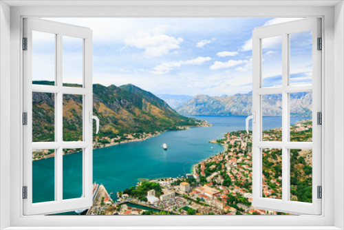 Fototapeta Naklejka Na Ścianę Okno 3D - Panoramic view of cityscape, old town, sea and old mediterranean port with cruise ship in Bay of Kotor, Montenegro.
