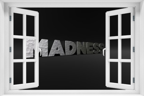 MADNESS - hammered metal finish text on black studio - 3D rendered royalty free stock photo. This image can be used for an online website banner ad or a print postcard.