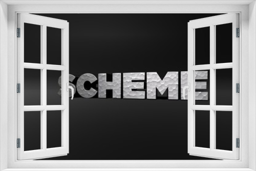 SCHEME - hammered metal finish text on black studio - 3D rendered royalty free stock photo. This image can be used for an online website banner ad or a print postcard.