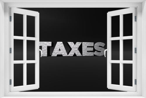 TAXES - hammered metal finish text on black studio - 3D rendered royalty free stock photo. This image can be used for an online website banner ad or a print postcard.