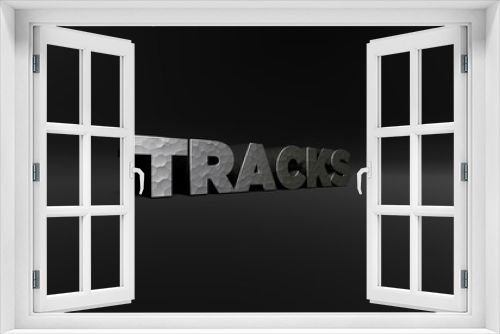 TRACKS - hammered metal finish text on black studio - 3D rendered royalty free stock photo. This image can be used for an online website banner ad or a print postcard.