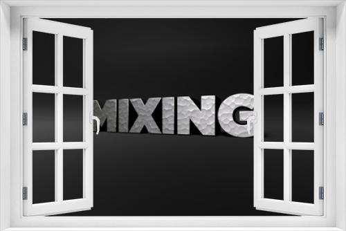 MIXING - hammered metal finish text on black studio - 3D rendered royalty free stock photo. This image can be used for an online website banner ad or a print postcard.