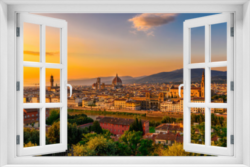 Fototapeta Naklejka Na Ścianę Okno 3D - Sunset view of Florence, Palazzo Vecchio and Florence Duomo, Italy