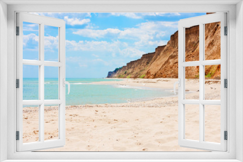 Fototapeta Naklejka Na Ścianę Okno 3D - Blue sky, turquoise sea, sandy beach and mountains