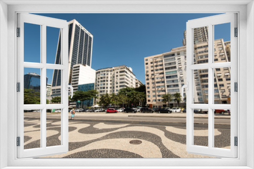 Fototapeta Naklejka Na Ścianę Okno 3D - Famous Mosaic Sidewalk of Copacabana with Hotel and Apartment Buildings, Rio de Janeiro