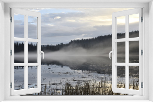 Fototapeta Naklejka Na Ścianę Okno 3D - View over a lake with fog and reflections from forest and sky and seaweed in foreground, picture from the North of Sweden.