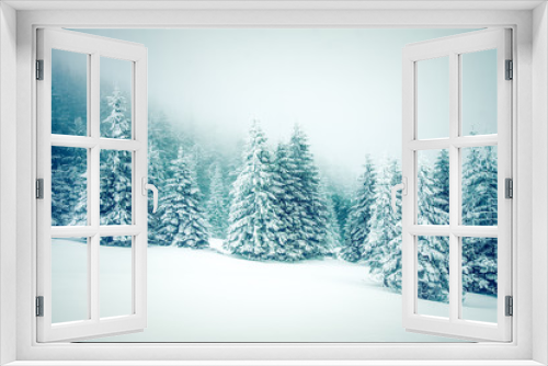Fototapeta Naklejka Na Ścianę Okno 3D -  Christmas background with snowy fir trees