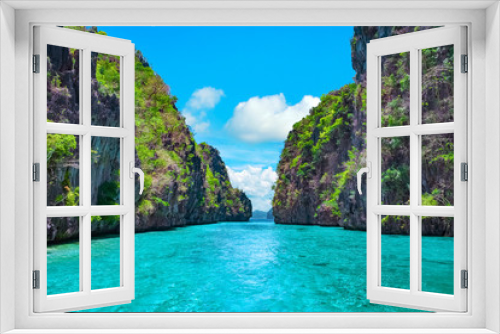 Fototapeta Naklejka Na Ścianę Okno 3D - Beautiful tropical blue lagoon. Scenic landscape with sea bay and mountain islands, El Nido, Palawan, Philippines, Southeast Asia. Exotic scenery. Popular landmark, famous destination of Philippines