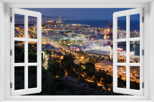Fototapeta Naklejka Na Ścianę Okno 3D - Detailed panoramic view on night illumination of Barcelona port with cruising liners, Spain