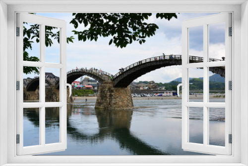 Fototapeta Naklejka Na Ścianę Okno 3D - Landscape views, mountains, blue sky, fish, bridge.