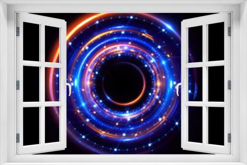 Fototapeta Naklejka Na Ścianę Okno 3D - Abstract neon background. luminous swirling bunner. Glowing spiral. 
Shine round frame with light circles light effect. Glowing cover. 
Space for your message. Glossy. LED ellipse