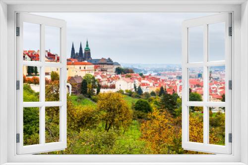 Fototapeta Naklejka Na Ścianę Okno 3D - Autumn Prague panorama from Prague Hill with Prague Castle, Vltava river and historical architecture. Concept of Europe travel, sightseeing and tourism.