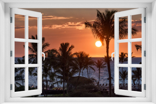 Fototapeta Naklejka Na Ścianę Okno 3D - Tropical island sunset with palm tree silhouettes and red sky